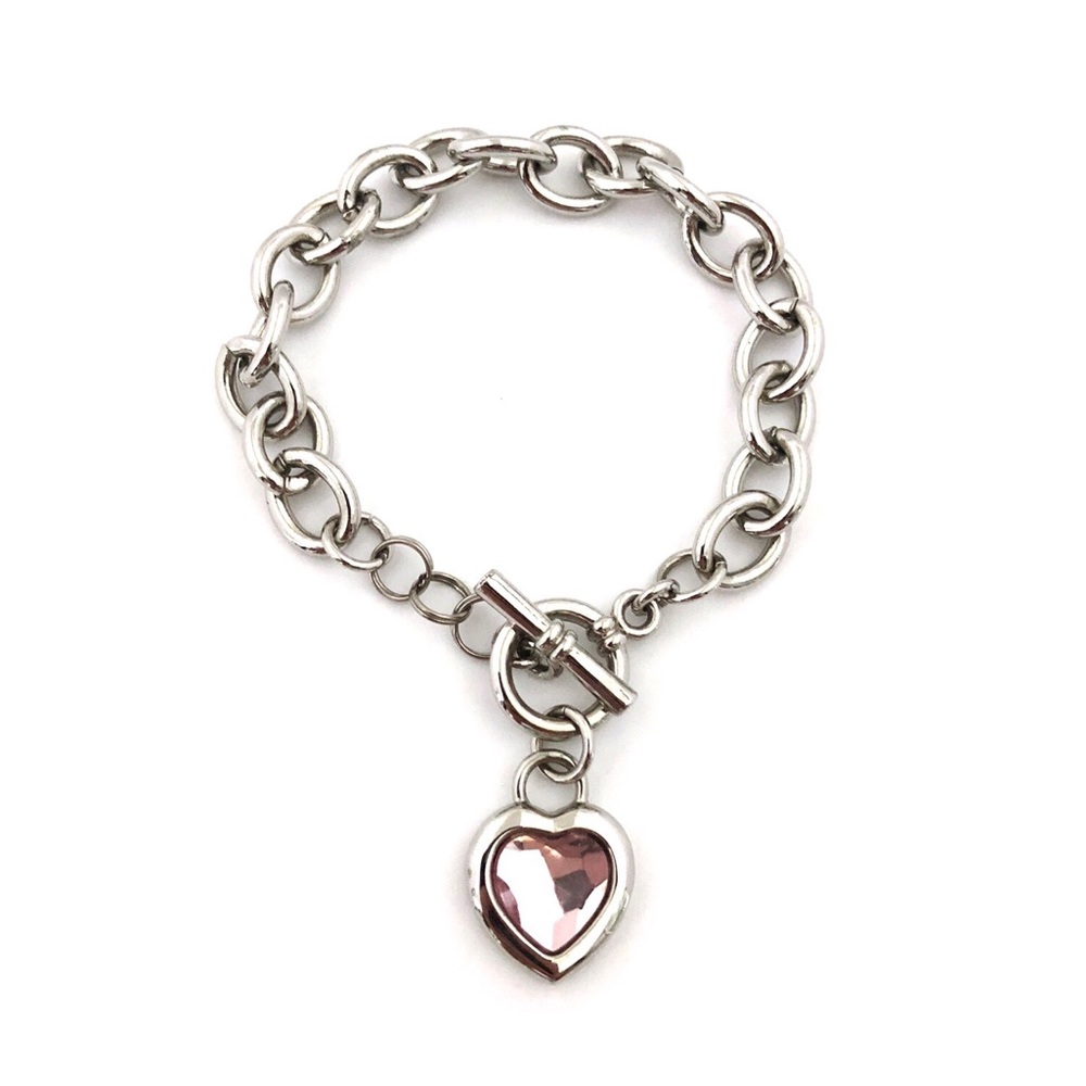 Vtg Pink Heart Silver Toggle Cable Chain Bracelet